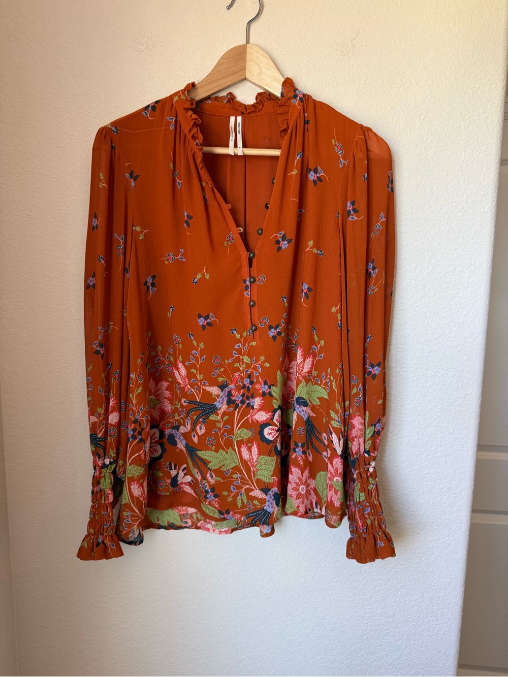 Anthropologie Floral Bird Print Ruffle Neck Blouse Orange Boho Size M